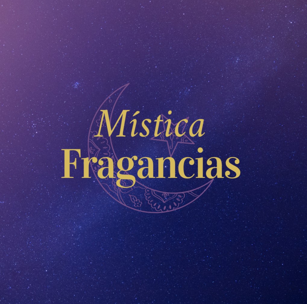 Mística Fragancias, logo dorado con luna sobre un cielo violeta estrellado